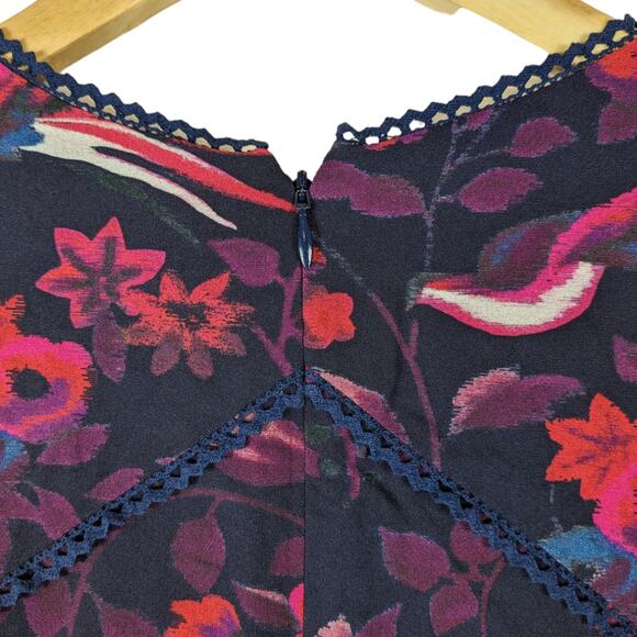 Tanya Taylor Womens Dress 4 Silk Navy Blue Red Floral Lace Trim Bell Sleeve Mini - Picture 7 of 12